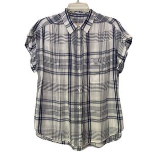 American Eagle Short Sleeve Blue and White Plaid Button Down Shirt Size Large